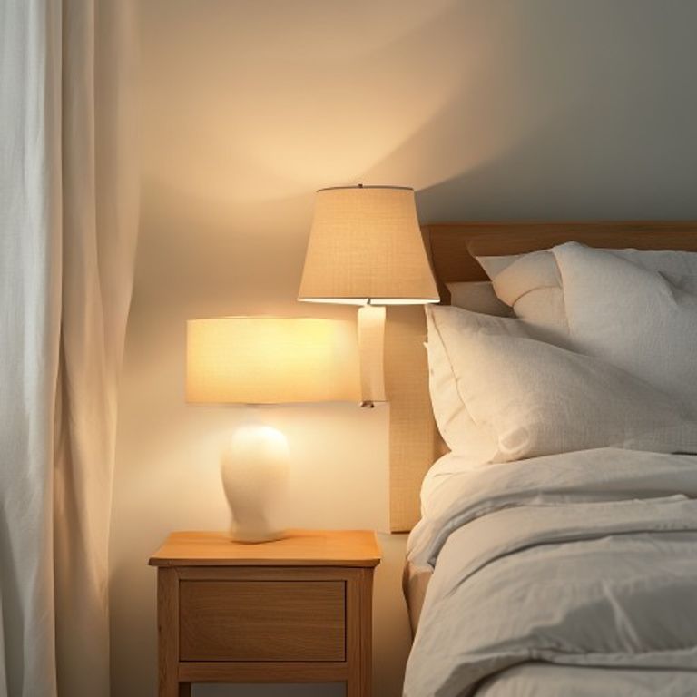 Warm lamp on bedside table at dusk