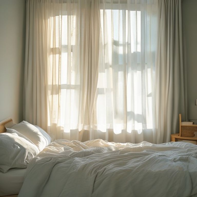 Morning sunlight streaming through curtains